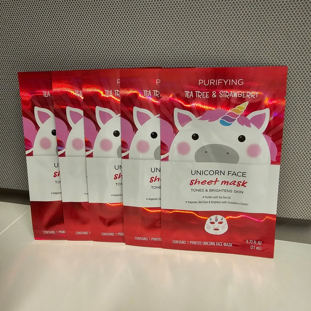 NEW Purifying Unicorn Face Sheet Masks, Set of 5 Tea Tree & Strawberry Skincare